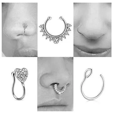 JFORYOU 6Pcs Fake Nose Rings, 16G Stainless Steel Inlaid CZ Faux Piercing Jewelry, Spring Clip on Circle Hoop No Pierced Septum Nose Ring For Women, Men