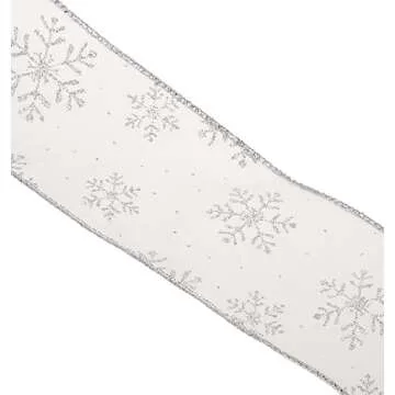 Morex Ribbon 7405.60/50-701 Snowflake 2.5" X 50 YD Nylon Sheer Wired Glitter Ribbon, White/Silver, Ribbon Art Supplies for Christmas Decorations, Indoor Christmas Ribbon for Gift Wrapping Art Set