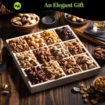 NUT CRAVINGS Gourmet Collection - Holiday Christmas Mixed Nuts Gift Basket in Reusable Wooden Tray + Green Ribbon (12 Assortments) Xmas Kwanzaa Arrangement Platter, Healthy Kosher USA Made Corporate