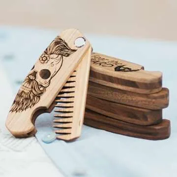 Enjoy The Wood Beard Comb for Men, Folding Pocket Beard Accessories for Men, Engraved Walnut Wooden Comb for Moustache, Beard & Hair - Perfect Gift For Him (Gift for Him (Skull)) (Model HS)