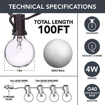 Sterno Home 100 FT Clear Globe Outdoor Lights G40 Bulbs on Black Cord for Backyard, Weddings, Patio,...