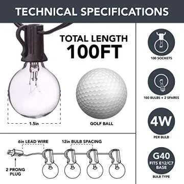 Sterno Home 100 FT Clear Globe Outdoor Lights G40 Bulbs on Black Cord for Backyard, Weddings, Patio,...