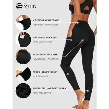 Syrinx High Waisted Leggings with Pockets for Women - Soft Athletic Tummy Control Pants for Yoga Wor...