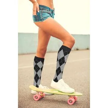 Violet Mist Knee High Socks: Argyle 3 Striped Style