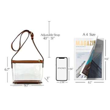 Clear Zipper Cross Body Bag with Vegan Leather Trim (Brown) Small