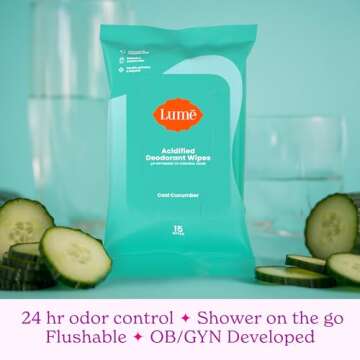 Lume Acidified Body Wash (Unscented) and Acidified Deodorant Wipes (Cool Cucumber) - 24 Hour Odor Control - Removes Odor Better than Soap - Moisturizing Formula - Aluminum Free, Baking Soda Free