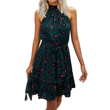 BTFBM Women 2025 Halter Neck Summer Dresses Casual Sleeveless Floral Polka Dot Print Ruffle Mini Boho Beach Sun Dress