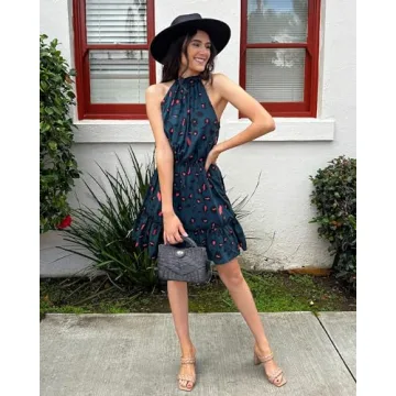 BTFBM Women 2025 Halter Neck Summer Dresses Casual Sleeveless Floral Polka Dot Print Ruffle Mini Boho Beach Sun Dress