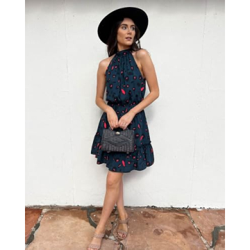 BTFBM Women 2025 Halter Neck Summer Dresses Casual Sleeveless Floral Polka Dot Print Ruffle Mini Boho Beach Sun Dress