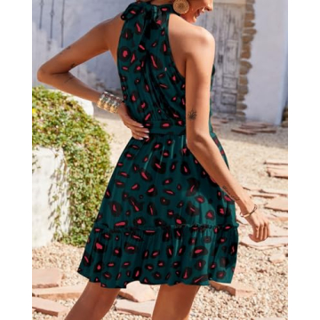 BTFBM Women 2025 Halter Neck Summer Dresses Casual Sleeveless Floral Polka Dot Print Ruffle Mini Boho Beach Sun Dress