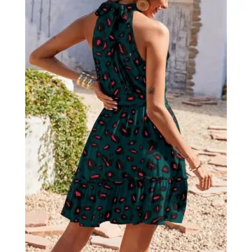 BTFBM Women 2025 Halter Neck Summer Dresses Casual Sleeveless Floral Polka Dot Print Ruffle Mini Boho Beach Sun Dress