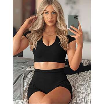 LNSK Women's Workout Outfits Seamless Ribbed Running Yoga Two Piece Crop Top Gym High Waist Sport Shorts Sets Black
