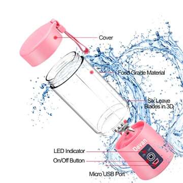 Portable Blender Smoothies Personal Blender Mini Shakes Juicer Cup USB Rechargeable 14oz. (Pink)