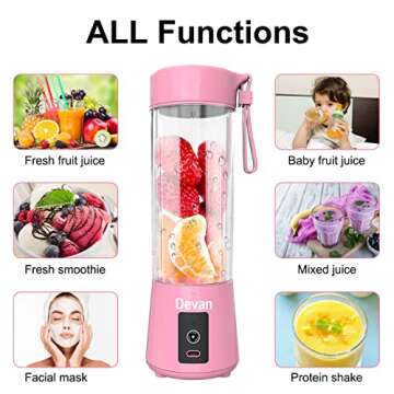 Portable Blender Smoothies Personal Blender Mini Shakes Juicer Cup USB Rechargeable 14oz. (Pink)