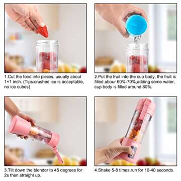 Portable Blender Smoothies Personal Blender Mini Shakes Juicer Cup USB Rechargeable 14oz. (Pink)