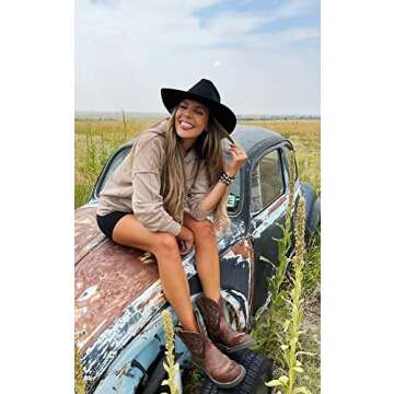 Eohak Womens Western Cowboy Hats Studded Pinched Western Cowgirl Hats Wide Brim Fedoras Hat with Bel...