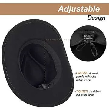 Eohak Womens Western Cowboy Hats Studded Pinched Western Cowgirl Hats Wide Brim Fedoras Hat with Belt Buckle (Size:Medium) Black