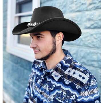 Eohak Womens Western Cowboy Hats Studded Pinched Western Cowgirl Hats Wide Brim Fedoras Hat with Belt Buckle (Size:Medium) Black