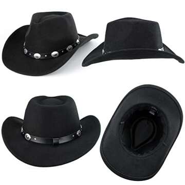 Eohak Womens Western Cowboy Hats Studded Pinched Western Cowgirl Hats Wide Brim Fedoras Hat with Belt Buckle (Size:Medium) Black