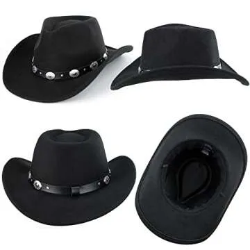 Eohak Womens Western Cowboy Hats Studded Pinched Western Cowgirl Hats Wide Brim Fedoras Hat with Belt Buckle (Size:Medium) Black