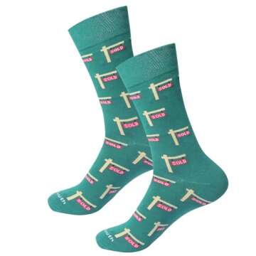 Barrel Down South Sold Realtor Sign Socks – Green/Beige, Novelty, Fun, Printed Cotton Crew Socks | One-Size, Cotton/Polyester/Spandex | Gifts for Real Estate Agents