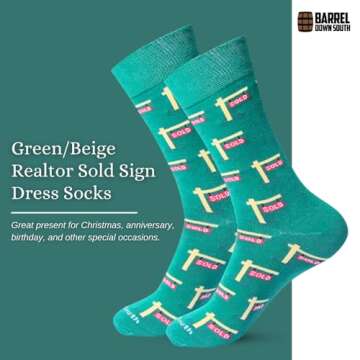 Barrel Down South Sold Realtor Sign Socks – Green/Beige, Novelty, Fun, Printed Cotton Crew Socks | One-Size, Cotton/Polyester/Spandex | Gifts for Real Estate Agents