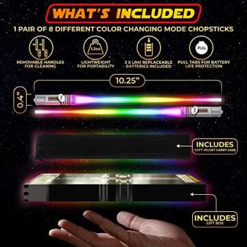 LIGHTSABER CHOPSTICKS LIGHT UP STAR WARS LED Glowing Light Saber Chop Sticks REUSABLE Sushi Lightup Sabers Removable Handle Dishwasher Safe 8 Color Modes 1 Pair