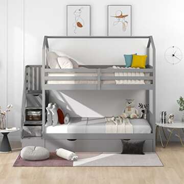 Bellemave Twin Over Twin House Bunk Bed with Staircase and Storage, Solid Wood Bunk Bed with Trundle, Playhouse Bed for Kids Teens Adults (Gray)