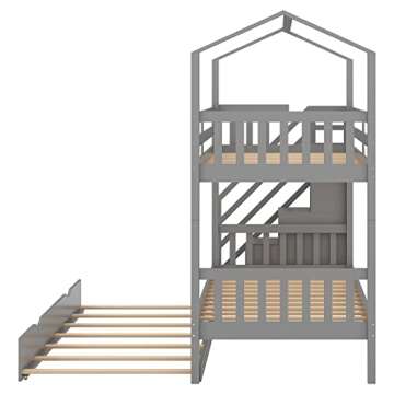 Bellemave Twin Over Twin House Bunk Bed with Staircase and Storage, Solid Wood Bunk Bed with Trundle, Playhouse Bed for Kids Teens Adults (Gray)