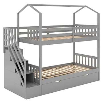 Bellemave Twin Over Twin House Bunk Bed with Staircase and Storage, Solid Wood Bunk Bed with Trundle, Playhouse Bed for Kids Teens Adults (Gray)