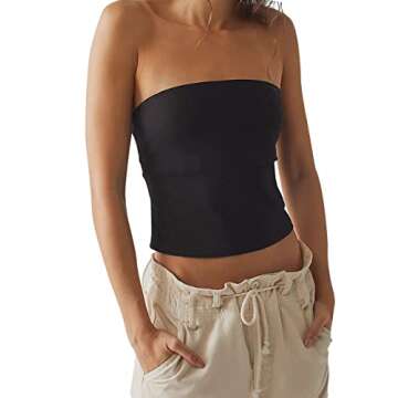 Meladyan Women’s Solid Strapless Tube Tops Sleeveless Backless Bandeau Basic Causal Slim Fit Crop Tops Summer Outfits Black
