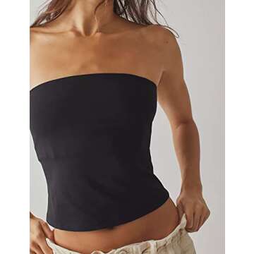 Meladyan Women’s Solid Strapless Tube Tops Sleeveless Backless Bandeau Basic Causal Slim Fit Crop Tops Summer Outfits Black
