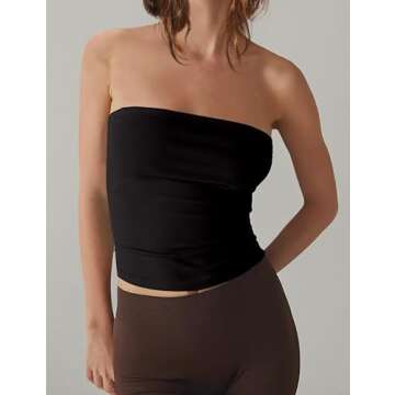 Meladyan Women’s Solid Strapless Tube Tops Sleeveless Backless Bandeau Basic Causal Slim Fit Crop Tops Summer Outfits Black