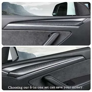 ShowEv for Tesla Model Y Dashboard Dash Cover Wrap Trim,Wood Door Panel Cover Carbon Fiber Pattern Interior Protector Decoration Accessories for Tesla Model Y with Air Vent Cover,Card Holder(6 PCS)