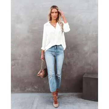Diosun Womens Button Down V Neck Shirts Long Sleeve Office Casual Business Plain Blouses Tops (Medium, White, m)