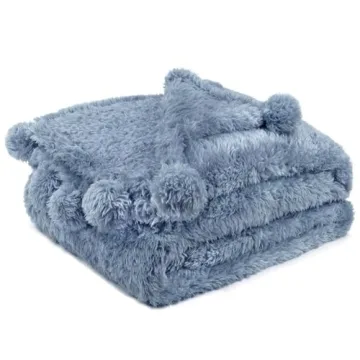 PAVILIA Blue Sherpa Throw Blanket for Couch, Warm Plush Pom Pom Blanket Throw, Dusty Blue Fuzzy Sofa Throw, Lightweight Soft Cozy Fluffy Blanket with Pom Poms, Light Blue, 50x60