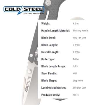 Cold Steel AD-15 Lite 3.5" AUS10A Steel Ultra-Sharp Blade 5" Griv-Ex Handle Tactical Folding Knife - Scorpion Lock, Pocket/Belt Clip