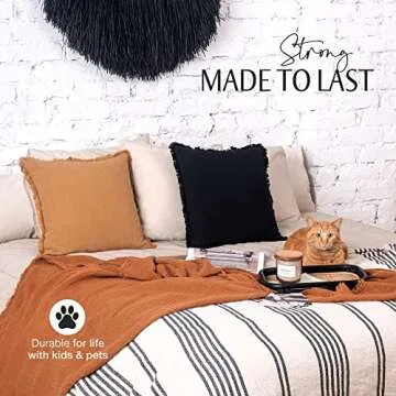 INSPIRED IVORY Linen Pillow Cover 20x20 Inch - Rustic Decorative Cinnamon Brown Throw Pillow Cover with Fringe - Farmhouse Accent Pillow Cushion Cover for Sofa, Couch, Bed Decor, Single Sham, 50x50cm