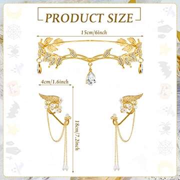 Hicarer 3 Pcs Halloween Rhinestone Leaf Headband Metal Elf Ears Cuffs Fairy Costume Crown Cosplay Ac...