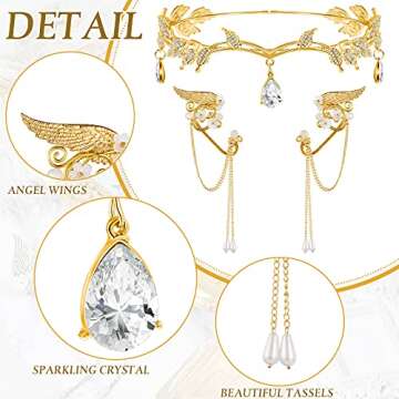 Hicarer 3 Pcs Halloween Rhinestone Leaf Headband Metal Elf Ears Cuffs Fairy Costume Crown Cosplay Accessories for Women(Gold)