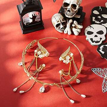 Hicarer 3 Pcs Halloween Rhinestone Leaf Headband Metal Elf Ears Cuffs Fairy Costume Crown Cosplay Accessories for Women(Gold)