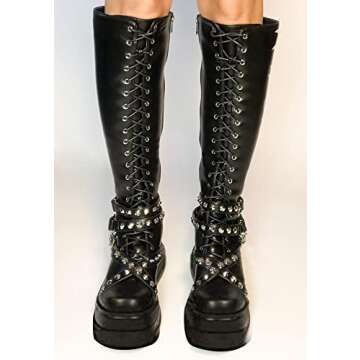 AOSPHIRAYLIAN Womens Platform Boots Wedge High Heel Side Zipper Lace up Gothic Motorcycle Combat Studded Knee High Boots