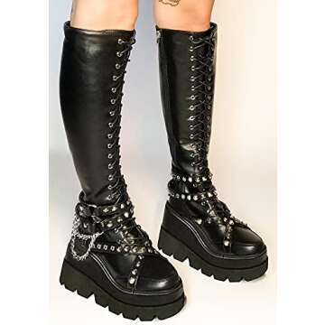 AOSPHIRAYLIAN Womens Platform Boots Wedge High Heel Side Zipper Lace up Gothic Motorcycle Combat Studded Knee High Boots