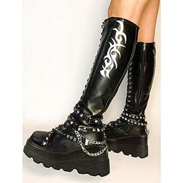 AOSPHIRAYLIAN Womens Platform Boots Wedge High Heel Side Zipper Lace up Gothic Motorcycle Combat Studded Knee High Boots