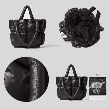 JOLLQUE Quilted Puffer Tote for Women,Soft Pillow Padded Down Tote Bag, Large Winter Handbag Space Shoulder Bags(Black)