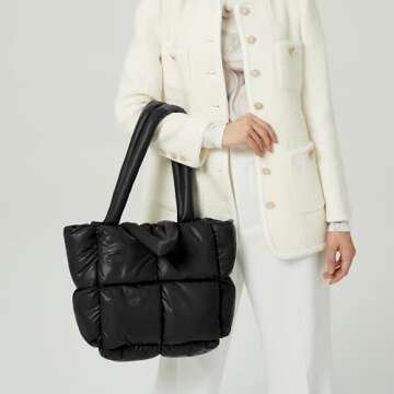 JOLLQUE Quilted Puffer Tote for Women,Soft Pillow Padded Down Tote Bag, Large Winter Handbag Space Shoulder Bags(Black)