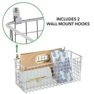 mDesign Portable Metal Wire Wall Mount Decor Storage Organizer Basket Bin - Hang in Kitchen, Garage, Entryway, Mudroom, Bedroom, Bathroom, Laundry Room - Concerto Collection - 2 Pack - Chrome