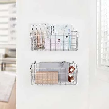 mDesign Portable Metal Wire Wall Mount Decor Storage Organizer Basket Bin - Hang in Kitchen, Garage, Entryway, Mudroom, Bedroom, Bathroom, Laundry Room - Concerto Collection - 2 Pack - Chrome