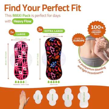 Organic Cotton Reusable Period Pads for Heavy Flow & Incontinence (L+XL, 6-Pack); High-Temp Washable Cloth Pads for Women Made in EU; Non-Irritating, Soft Reusable Pads Menstrual for Comfortable Care