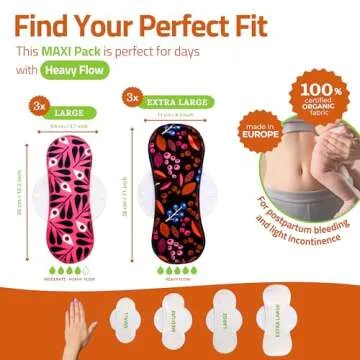 Organic Cotton Reusable Period Pads for Heavy Flow & Incontinence (L+XL, 6-Pack); High-Temp Washable Cloth Pads for Women Made in EU; Non-Irritating, Soft Reusable Pads Menstrual for Comfortable Care